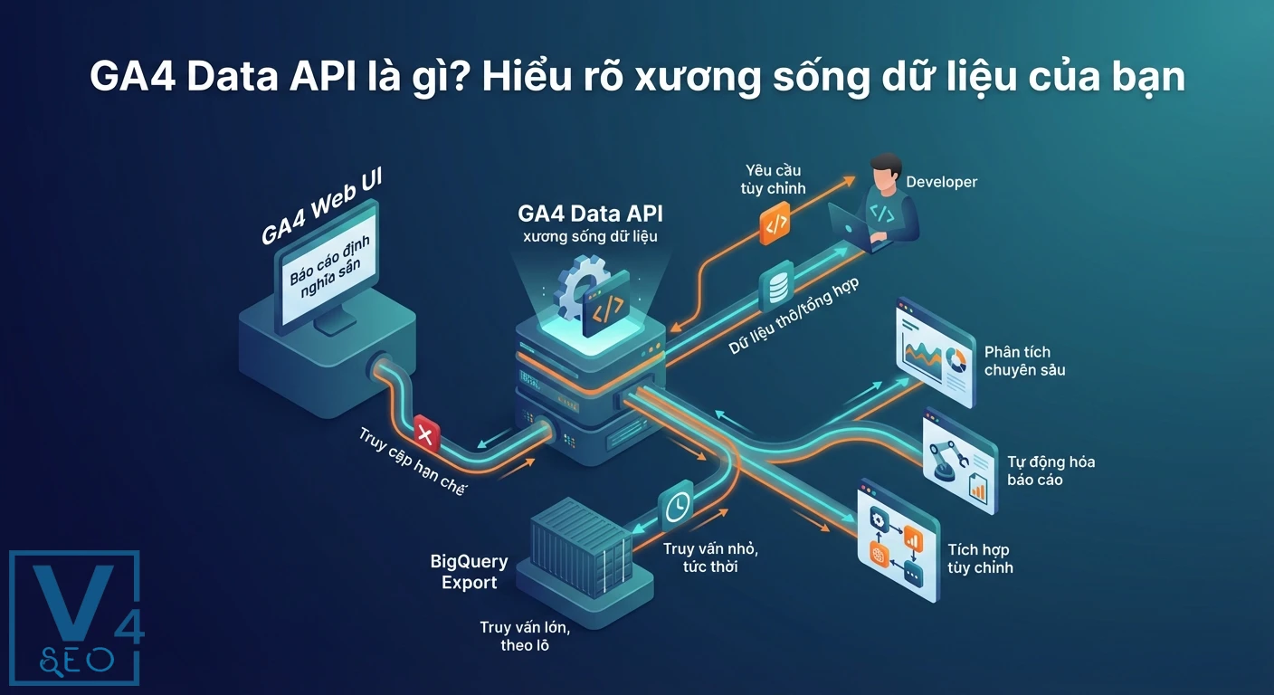 Sơ đồ minh họa GA4 Data API là xương sống dữ liệu, cho phép truy cập linh hoạt vào dữ liệu thô/tổng hợp và tích hợp tùy chỉnh để phân tích, báo cáo