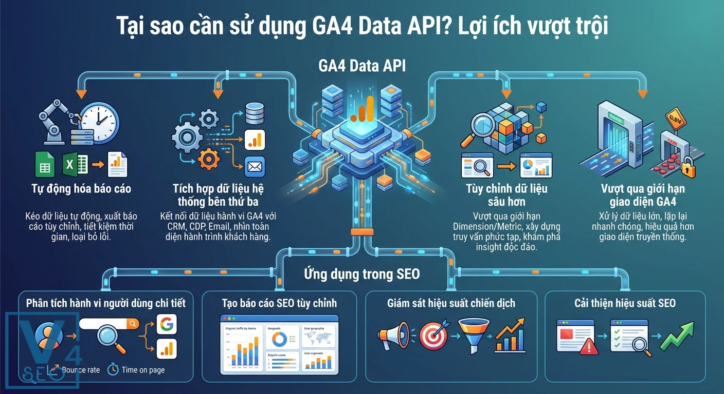 Sơ đồ thông tin về GA4 Data API, trình bày chi tiết lợi ích và ứng dụng trong SEO