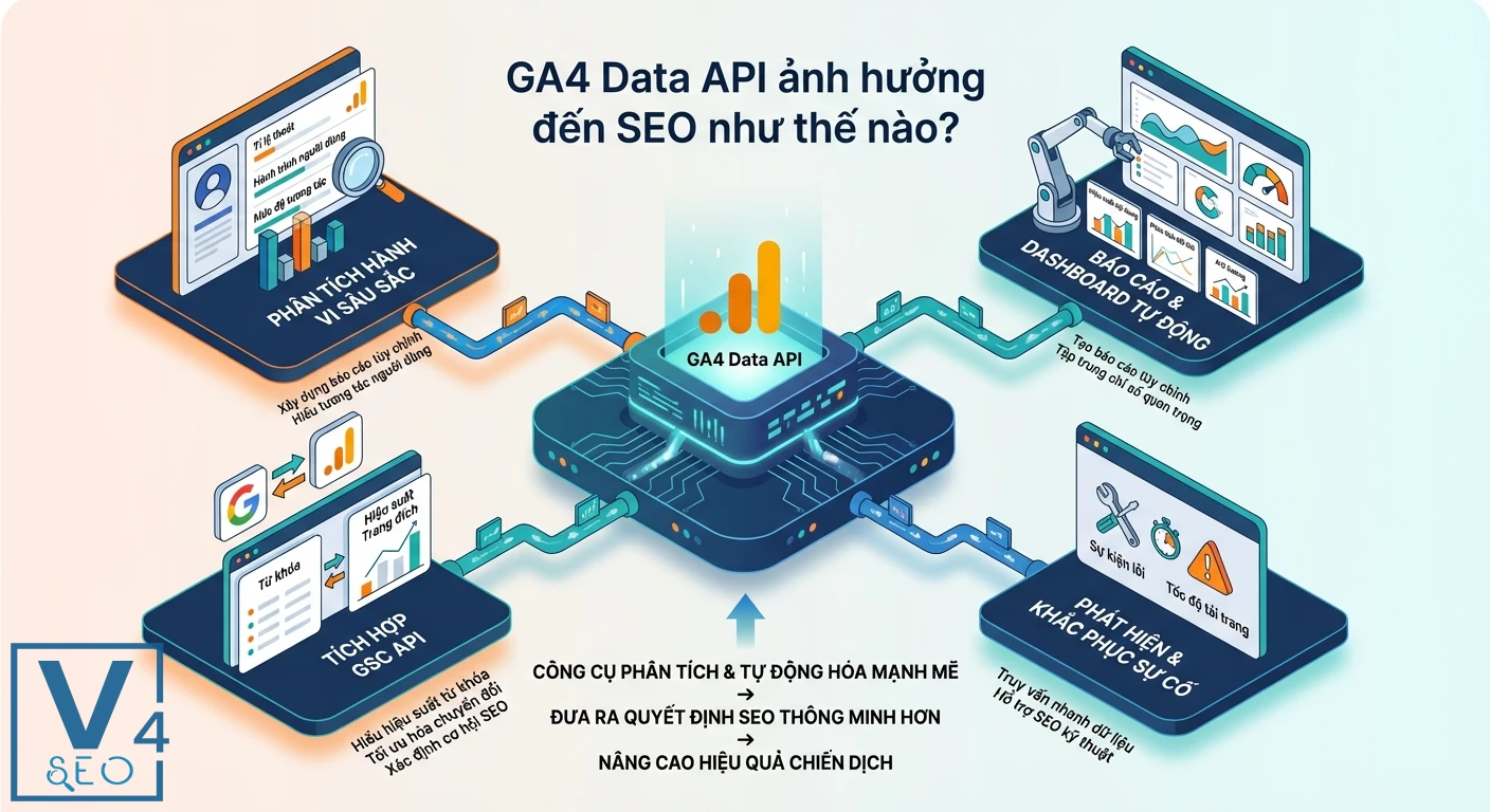 Sơ đồ minh họa GA4 Data API kết nối tới các chức năng phân tích hành vi, báo cáo tự động, tích hợp GSC và khắc phục sự cố để tối ưu SEO