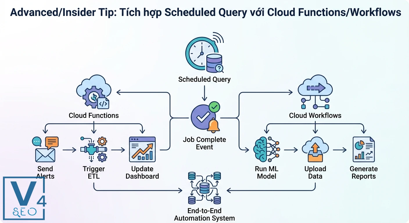 T&iacute;ch hợp Scheduled Query với Cloud Functions v&agrave; Cloud Workflows, tự động h&oacute;a c&aacute;c bước sau sự kiện ho&agrave;n th&agrave;nh c&ocirc;ng việc