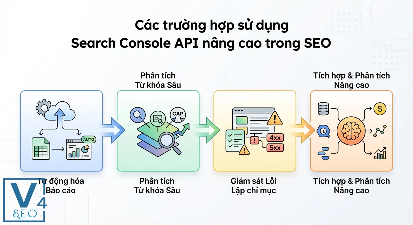 Bốn ô màu xanh, xanh lá, vàng, cam nối tiếp nhau minh họa các trường hợp sử dụng Search Console API nâng cao trong SEO