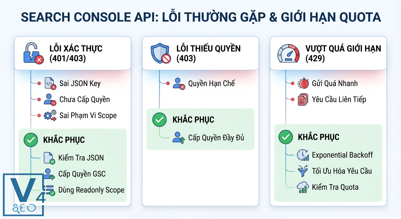 Thông tin về ba lỗi thường gặp gồm xác thực, thiếu quyền, và vượt giới hạn quota cùng cách khắc phục cho Search Console API