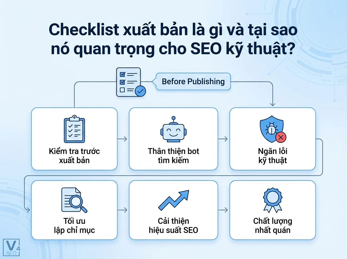 Checklist xuất bản là gì: Kỹ thuật toàn diện cho SEO & dữ liệu 1 Sơ đồ luồng checklist xuất bản gồm các thẻ, biểu tượng, mũi tên, thân thiện bot, ngăn lỗi kỹ thuật, tối ưu index, chất lượng nhất quán