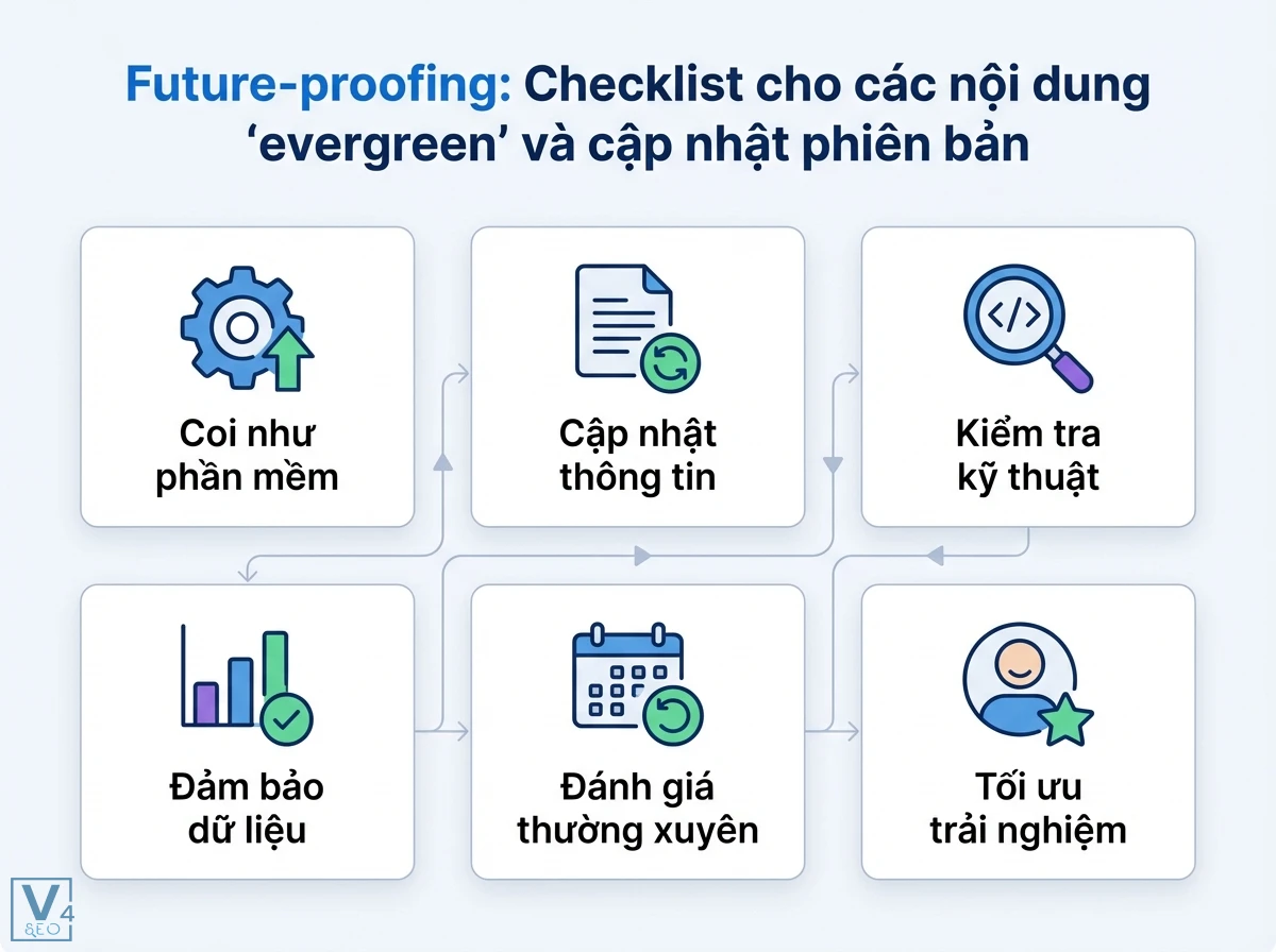 Checklist xuất bản là gì: Kỹ thuật toàn diện cho SEO & dữ liệu 2 Sơ đồ khối checklist nội dung evergreen, gồm 6 thẻ với các biểu tượng, mũi tên chỉ cập nhật thông tin và tối ưu trải nghiệm