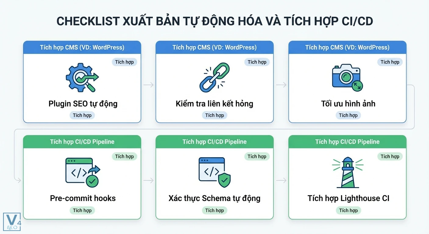 Checklist xuất bản là gì: Kỹ thuật toàn diện cho SEO & dữ liệu 3 Bố cục hai hàng khối hiển thị checklist tự động hóa, Tích hợp CMS và CI/CD Pipeline, với các biểu tượng SEO, liên kết và Lighthouse