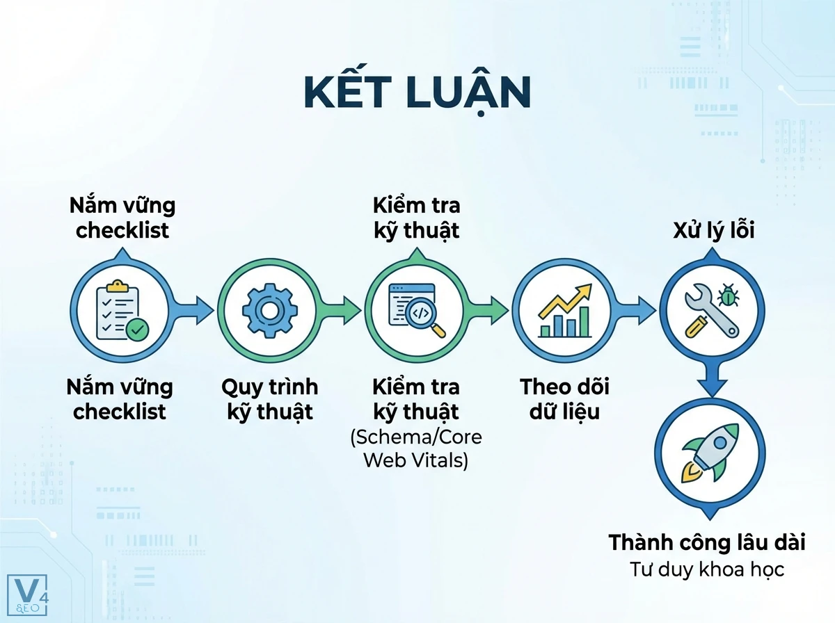 Checklist xuất bản là gì: Kỹ thuật toàn diện cho SEO & dữ liệu 4 Dòng thời gian 6 bước của quy trình kỹ thuật, với các thẻ tròn, kèm nhãn Nắm vững checklist, Kiểm tra kỹ thuật, Xử lý lỗi, Thành công lâu dài