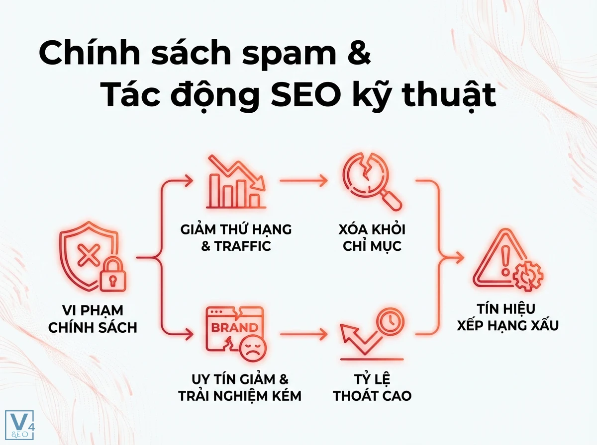 Chính sách spam Google là gì: Hướng dẫn kỹ thuật phát hiện & xử lý 1 Chuỗi khối nội dung mô tả tác động vi phạm chính sách spam, với các khối, mũi tên, biểu tượng giảm thứ hạng, xóa khỏi chỉ mục, uy tín giảm, tỷ lệ thoát cao