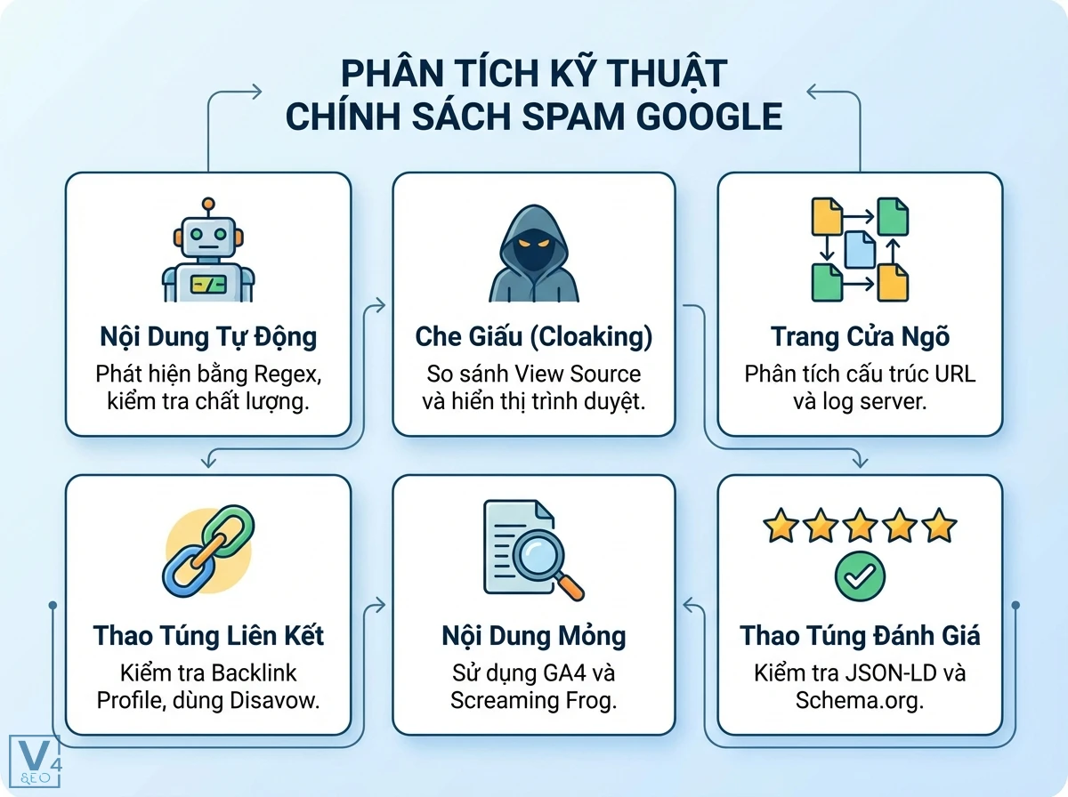 Chính sách spam Google là gì: Hướng dẫn kỹ thuật phát hiện & xử lý 2 Sơ đồ sáu khối phân tích kỹ thuật chính sách spam Google, với biểu tượng và mũi tên nối, gồm Nội Dung Tự Động, Che Giấu