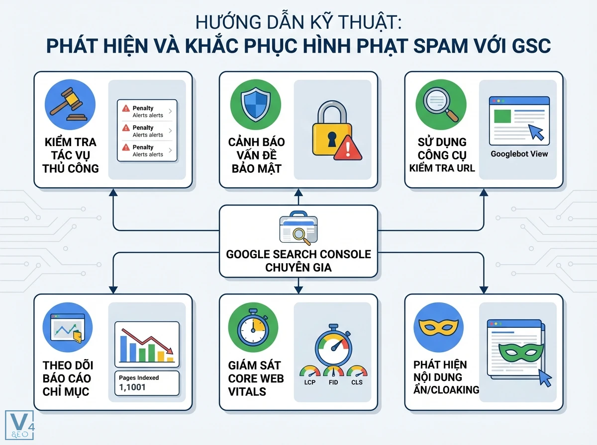 Chính sách spam Google là gì: Hướng dẫn kỹ thuật phát hiện & xử lý 3 Sơ đồ trung tâm Google Search Console với 6 khối chức năng hướng dẫn phát hiện hình phạt spam, gồm biểu tượng và các công cụ báo cáo