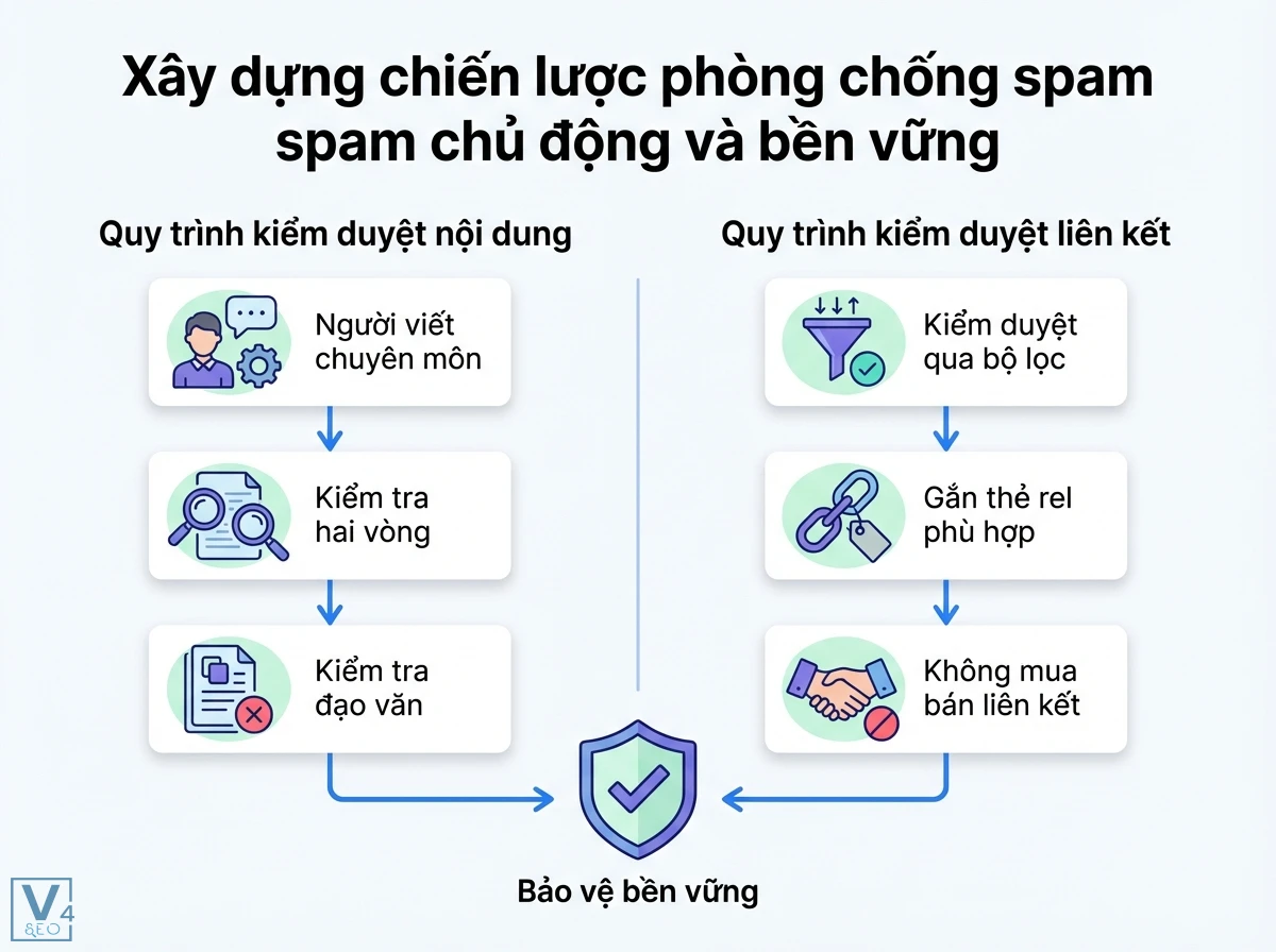 Chính sách spam Google là gì: Hướng dẫn kỹ thuật phát hiện & xử lý 4 Bố cục hai cột mô tả quy trình kiểm duyệt nội dung và liên kết, gồm các khối bước, biểu tượng người viết, kính lúp, phễu, và lá chắn bền vững