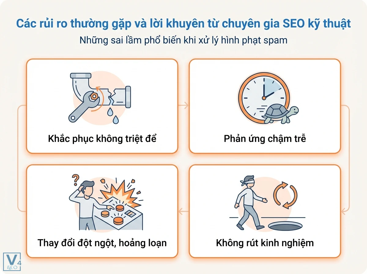 Chính sách spam Google là gì: Hướng dẫn kỹ thuật phát hiện & xử lý 5 Sơ đồ bốn thẻ minh họa các sai lầm phổ biến, với biểu tượng sửa ống nước, đồng hồ rùa, người hoảng loạn, người bịt mắt, và các mũi tên