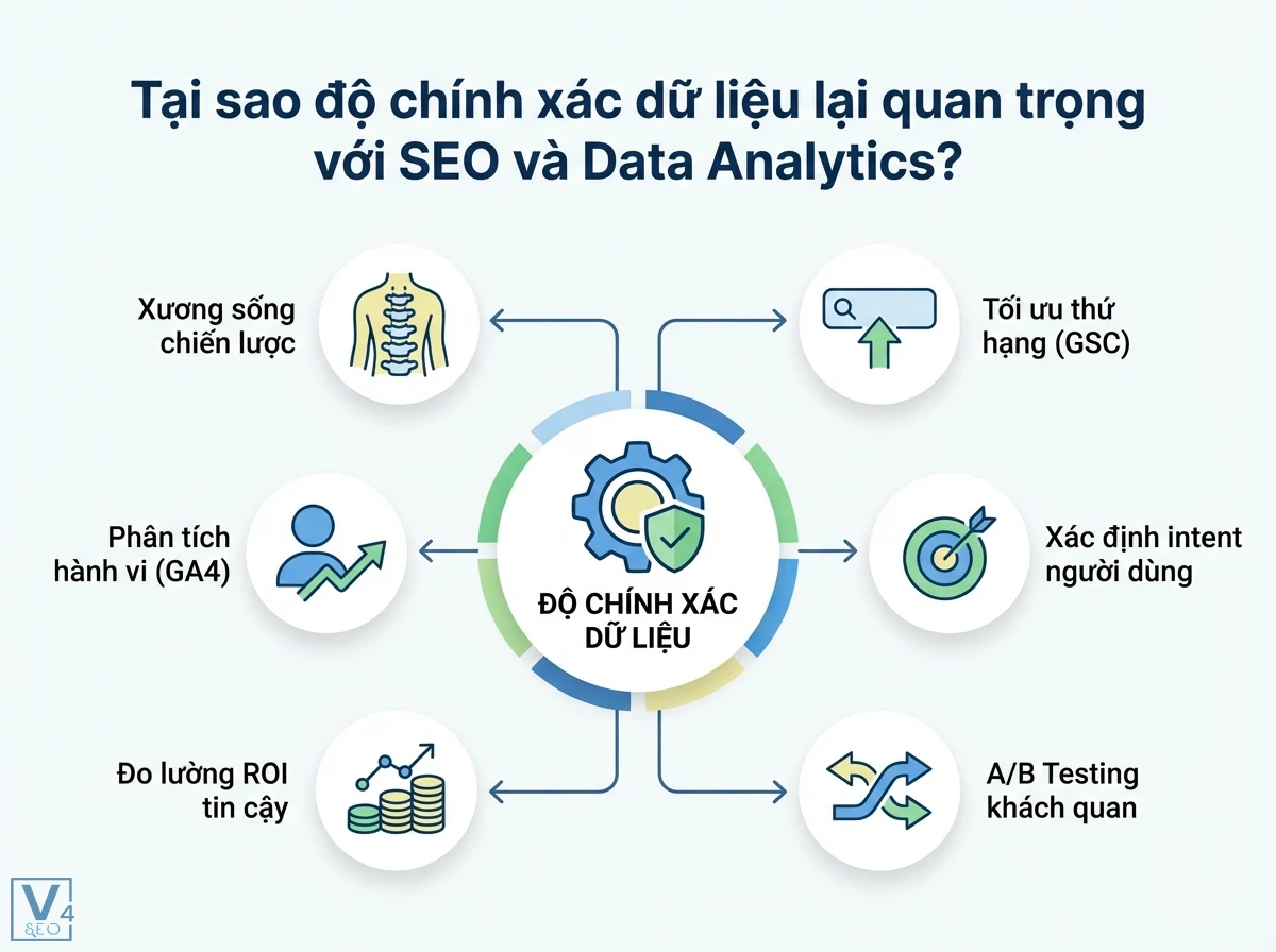Độ chính xác là gì: Hướng dẫn đảm bảo dữ liệu cho SEO & GA4 2 Sơ đồ tròn về độ chính xác dữ liệu, trung tâm bánh răng, 6 thẻ về tối ưu SEO, phân tích hành vi, đo lường ROI