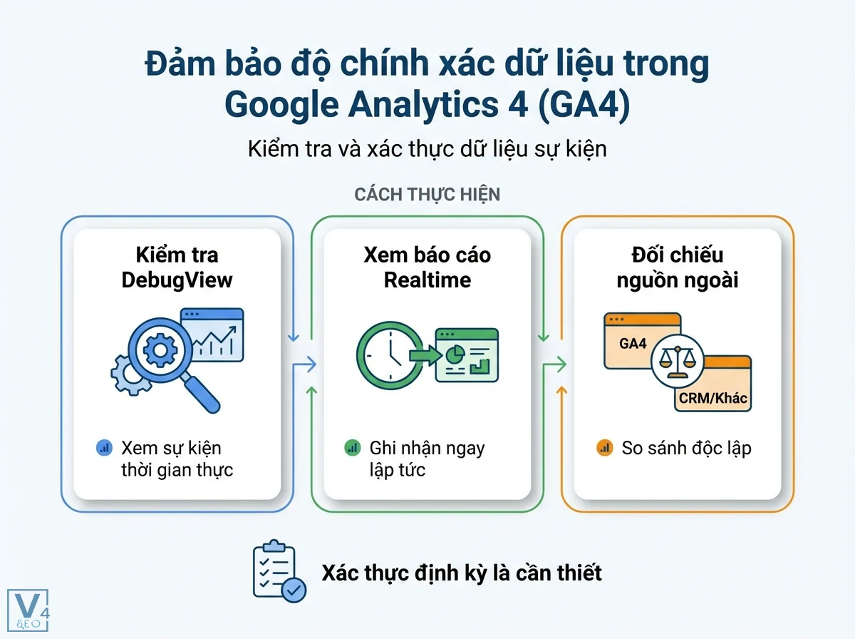 Độ chính xác là gì: Hướng dẫn đảm bảo dữ liệu cho SEO & GA4 3 Sơ đồ 3 bước kiểm tra và xác thực định kỳ dữ liệu GA4, gồm DebugView, Realtime và đối chiếu nguồn ngoài