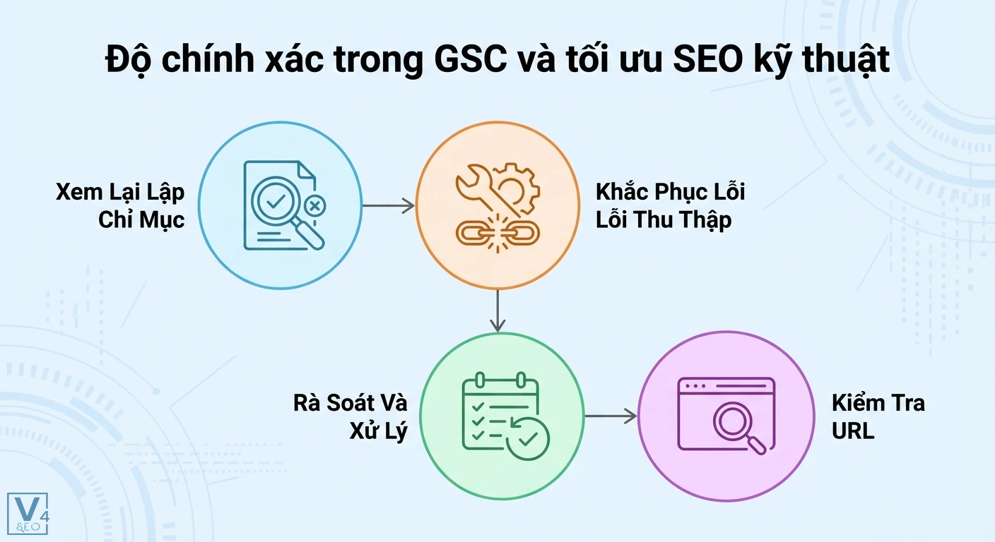 Độ chính xác là gì: Hướng dẫn đảm bảo dữ liệu cho SEO & GA4 4 Các bước GSC để tối ưu kỹ thuật: Lập Chỉ Mục, Khắc Phục Lỗi, Rà Soát Xử Lý, Kiểm Tra URL.