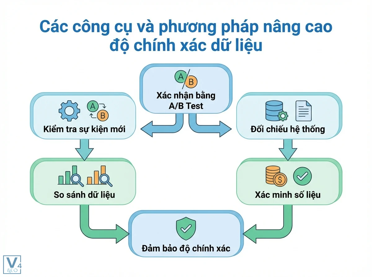 Độ chính xác là gì: Hướng dẫn đảm bảo dữ liệu cho SEO & GA4 6 Sơ đồ quy trình nâng cao độ chính xác dữ liệu, với A/B Test, đối chiếu hệ thống, so sánh và xác minh dữ liệu