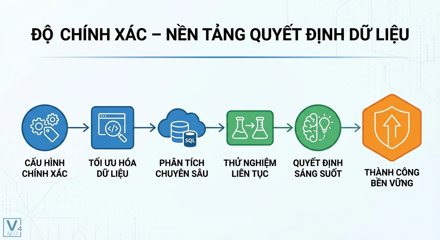 Độ chính xác là gì: Hướng dẫn đảm bảo dữ liệu cho SEO & GA4 7 Sơ đồ quy trình 6 bước về độ chính xác, từ cấu hình, tối ưu hóa dữ liệu đến quyết định sáng suốt và thành công bền vững, với các biểu tượng và mũi tên