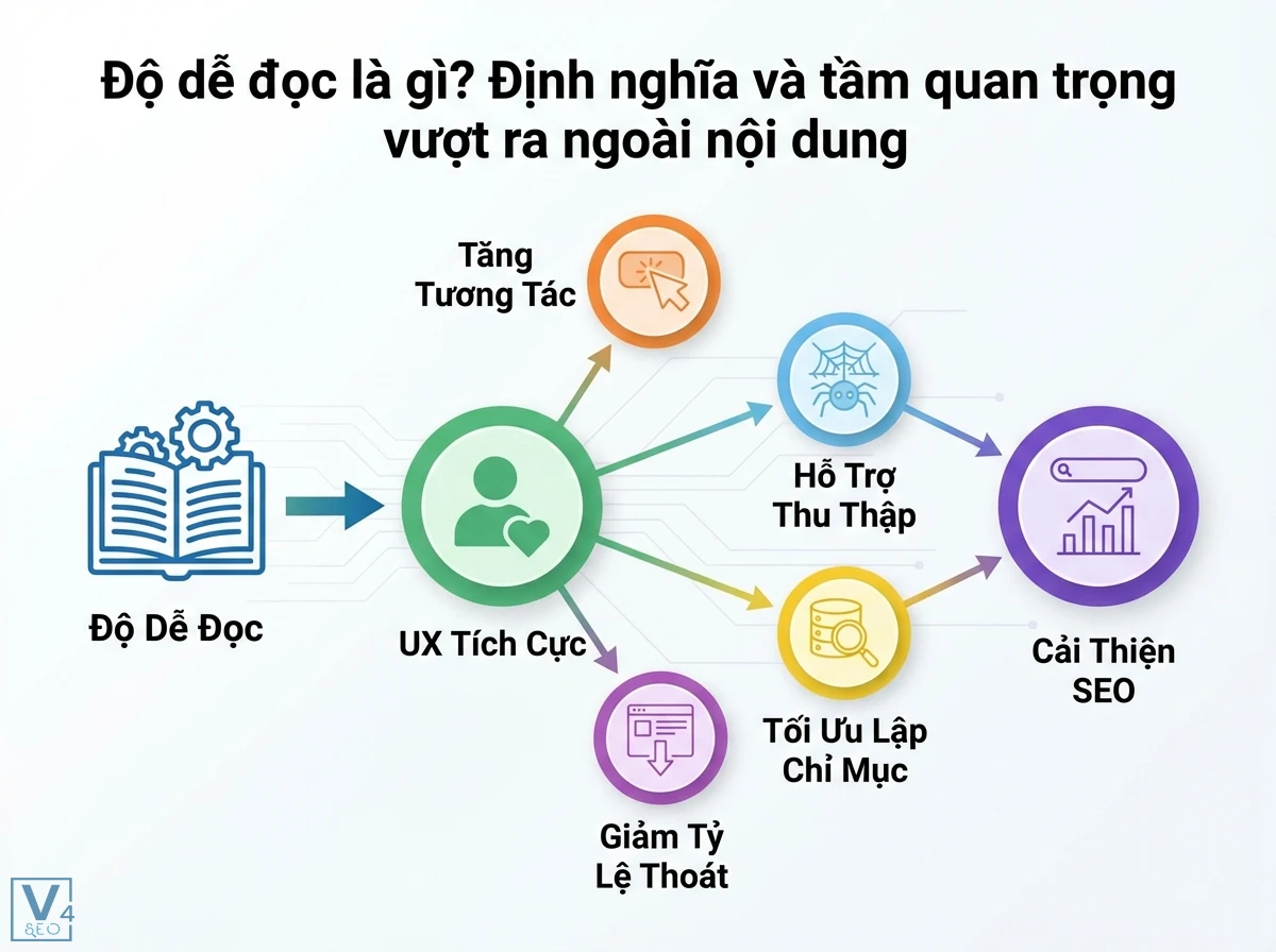 Độ dễ đọc là gì? Nâng tầm SEO & UX với phân tích dữ liệu 1 Sơ đồ luân chuyển từ Độ dễ đọc đến UX Tích Cực, với các lợi ích như Tăng Tương Tác và Cải Thiện SEO