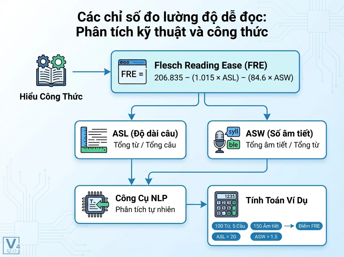 Độ dễ đọc là gì? Nâng tầm SEO & UX với phân tích dữ liệu 2 Sơ đồ quy trình chỉ số độ dễ đọc FRE, thể hiện công thức Flesch Reading Ease, ASL, ASW, công cụ NLP và ví dụ tính toán