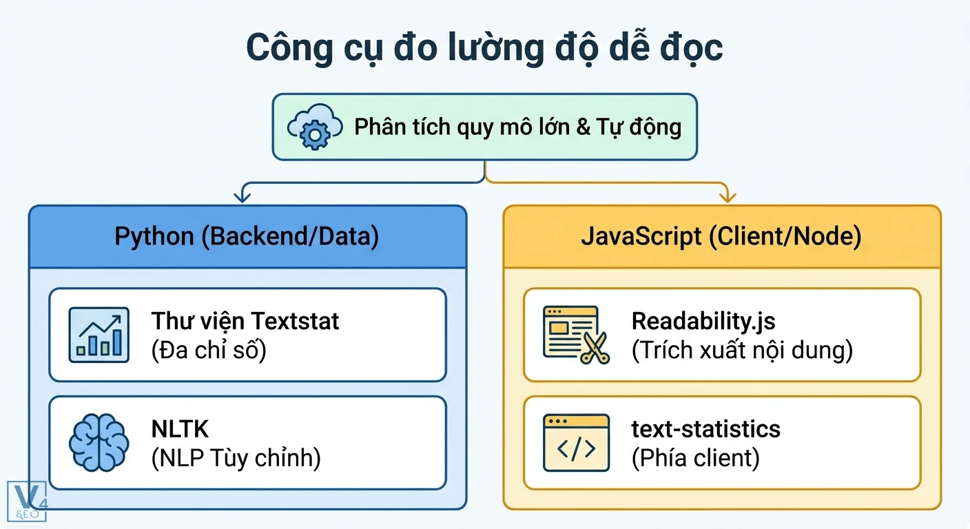 Độ dễ đọc là gì? Nâng tầm SEO & UX với phân tích dữ liệu 3 Bố cục hai cột thể hiện công cụ đo lường độ dễ đọc, từ phân tích tự động đến Python và JavaScript