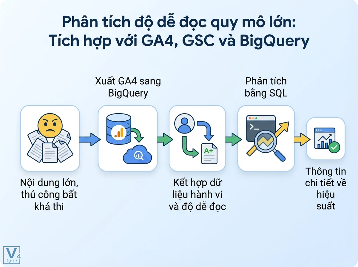Độ dễ đọc là gì? Nâng tầm SEO & UX với phân tích dữ liệu 4 Quy trình phân tích độ dễ đọc quy mô lớn gồm 5 khối, liên kết mũi tên, từ nội dung lớn, GA4, BigQuery đến thông tin hiệu suất