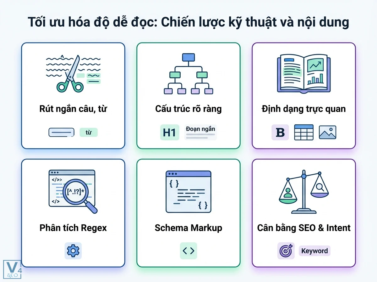 Độ dễ đọc là gì? Nâng tầm SEO & UX với phân tích dữ liệu 5 Bố cục sáu thẻ về chiến lược tối ưu độ dễ đọc, gồm rút ngắn câu, định dạng trực quan, Schema Markup và cân bằng SEO