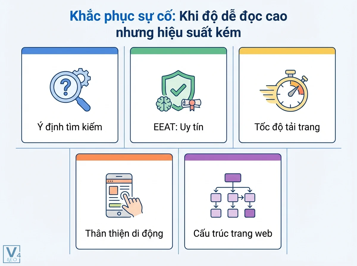Độ dễ đọc là gì? Nâng tầm SEO & UX với phân tích dữ liệu 6 Bố cục 5 thẻ minh họa các yếu tố hiệu suất web gồm Ý định tìm kiếm, EEAT uy tín, Tốc độ tải trang, Thân thiện di động và Cấu trúc trang web