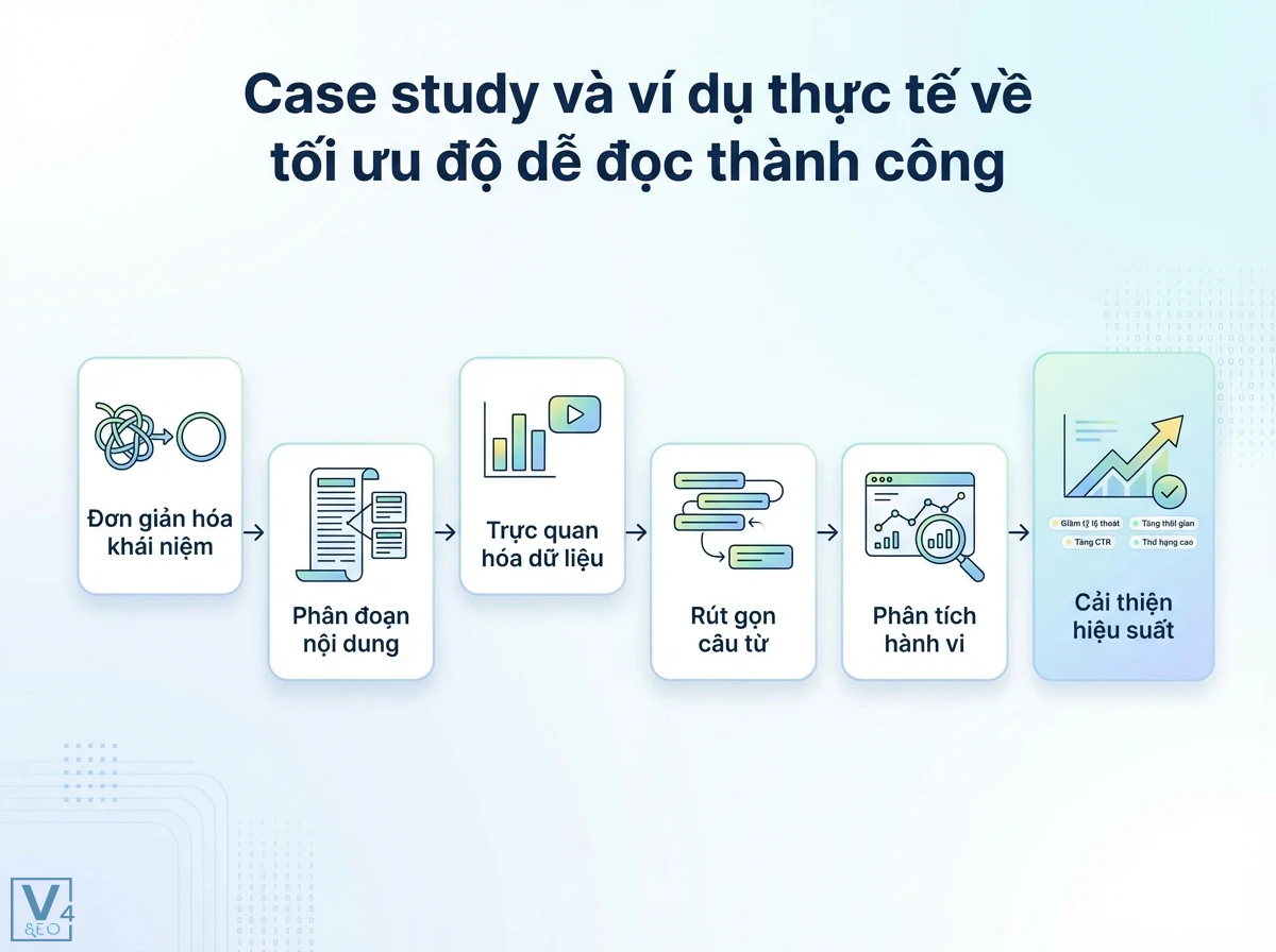 Độ dễ đọc là gì? Nâng tầm SEO & UX với phân tích dữ liệu 7 Sơ đồ 6 thẻ bước với mũi tên minh họa quy trình tối ưu độ dễ đọc, từ đơn giản hóa khái niệm đến cải thiện hiệu suất