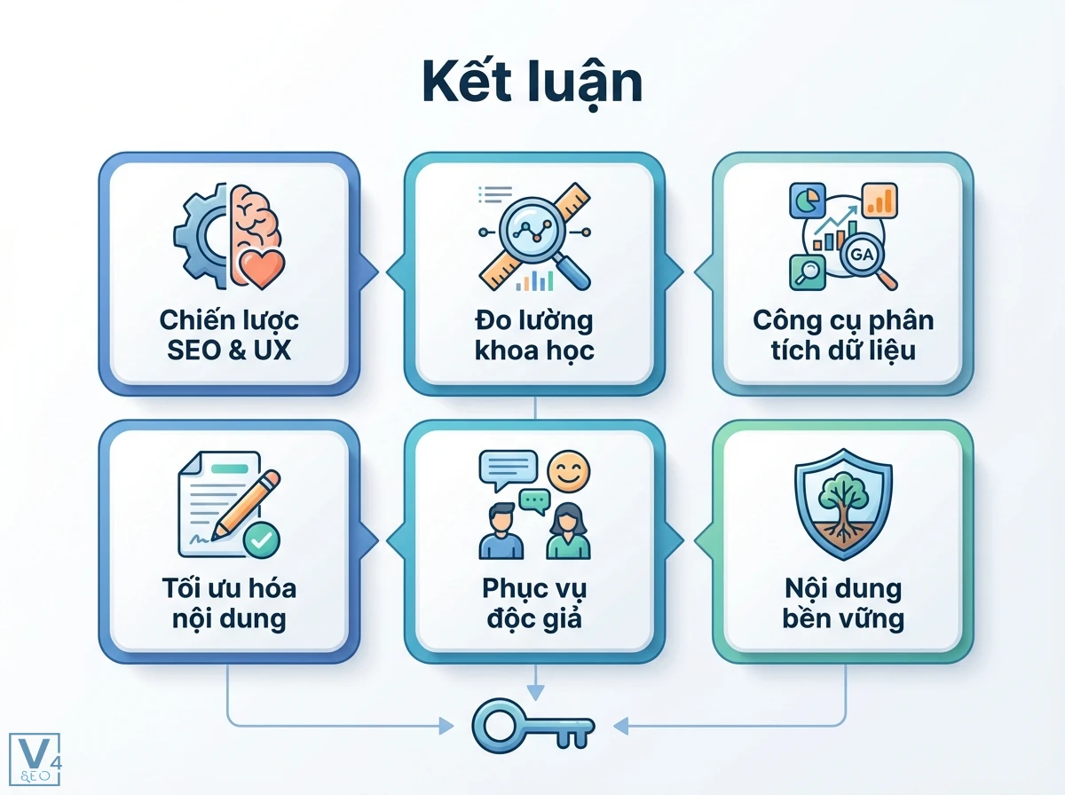 Độ dễ đọc là gì? Nâng tầm SEO & UX với phân tích dữ liệu 8 Bố cục 6 khối mũi tên minh họa trụ cột SEO, UX, đo lường, tối ưu hóa, và chìa khóa