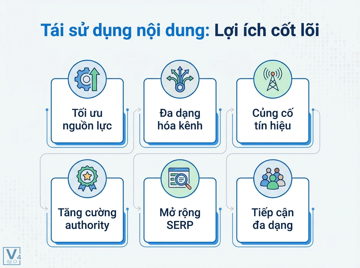 Tái sử dụng nội dung là gì? SEO kỹ thuật: Chiến lược hiệu quả 1 Bố cục hai hàng ba khối, nối bằng mũi tên, trình bày lợi ích tái sử dụng nội dung với Tối ưu nguồn lực, Đa dạng hóa kênh, Mở rộng SERP