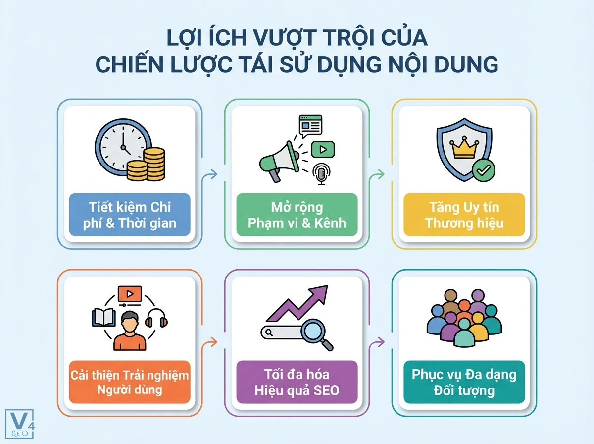 Tái sử dụng nội dung là gì? SEO kỹ thuật: Chiến lược hiệu quả 2 Chuỗi 6 khối nội dung minh họa lợi ích tái sử dụng nội dung, mũi tên, biểu tượng, Tiết kiệm, Mở rộng, Uy tín, SEO