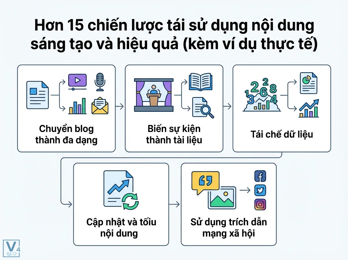Tái sử dụng nội dung là gì? SEO kỹ thuật: Chiến lược hiệu quả 3 Sơ đồ 5 khối chiến lược tái sử dụng nội dung, nối bằng mũi tên, với blog, sự kiện, dữ liệu, cập nhật và mạng xã hội