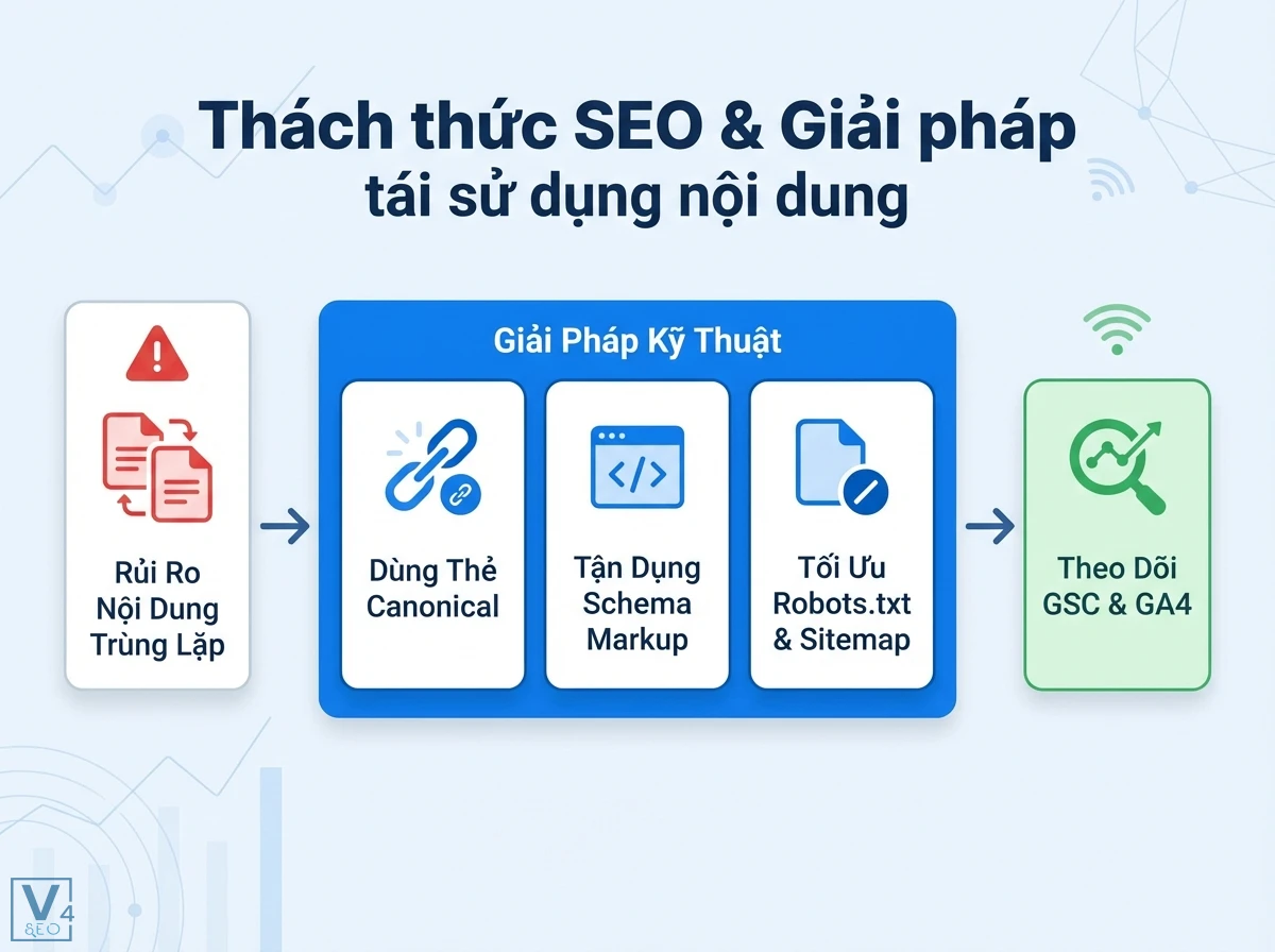 Tái sử dụng nội dung là gì? SEO kỹ thuật: Chiến lược hiệu quả 4 Sơ đồ giải pháp kỹ thuật SEO cho tái sử dụng, từ rủi ro trùng lặp đến Canonical, Schema, GSC & GA4