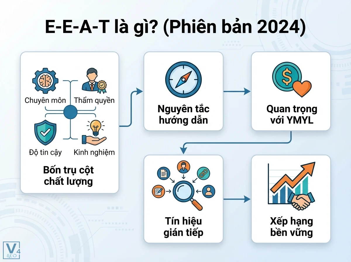 Tín hiệu E-E-A-T là gì? Triển khai & đo lường kỹ thuật với GA4, GSC 1 Bố cục luồng minh họa E-E-A-T với bốn trụ cột chất lượng, nguyên tắc hướng dẫn, tín hiệu gián tiếp, YMYL và xếp hạng bền vững