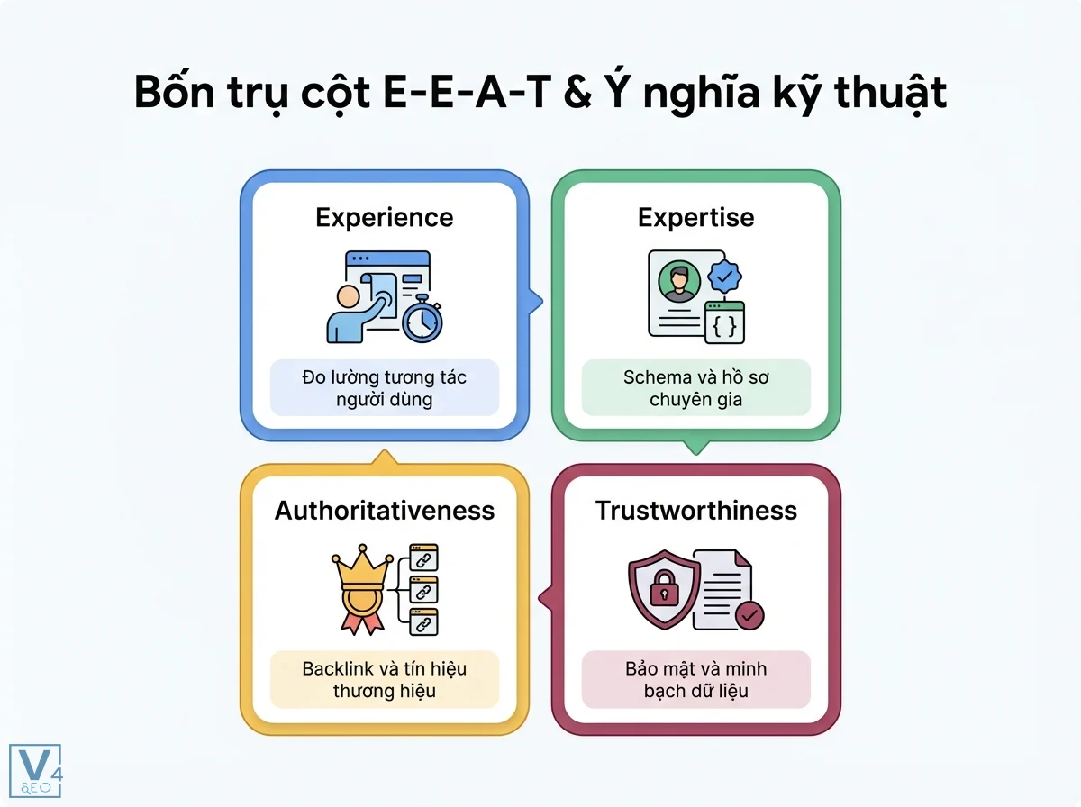 Tín hiệu E-E-A-T là gì? Triển khai & đo lường kỹ thuật với GA4, GSC 2 Bố cục 2x2 hiển thị bốn trụ cột E-E-A-T cùng ý nghĩa kỹ thuật: Experience, Expertise, Authoritativeness, Trustworthiness