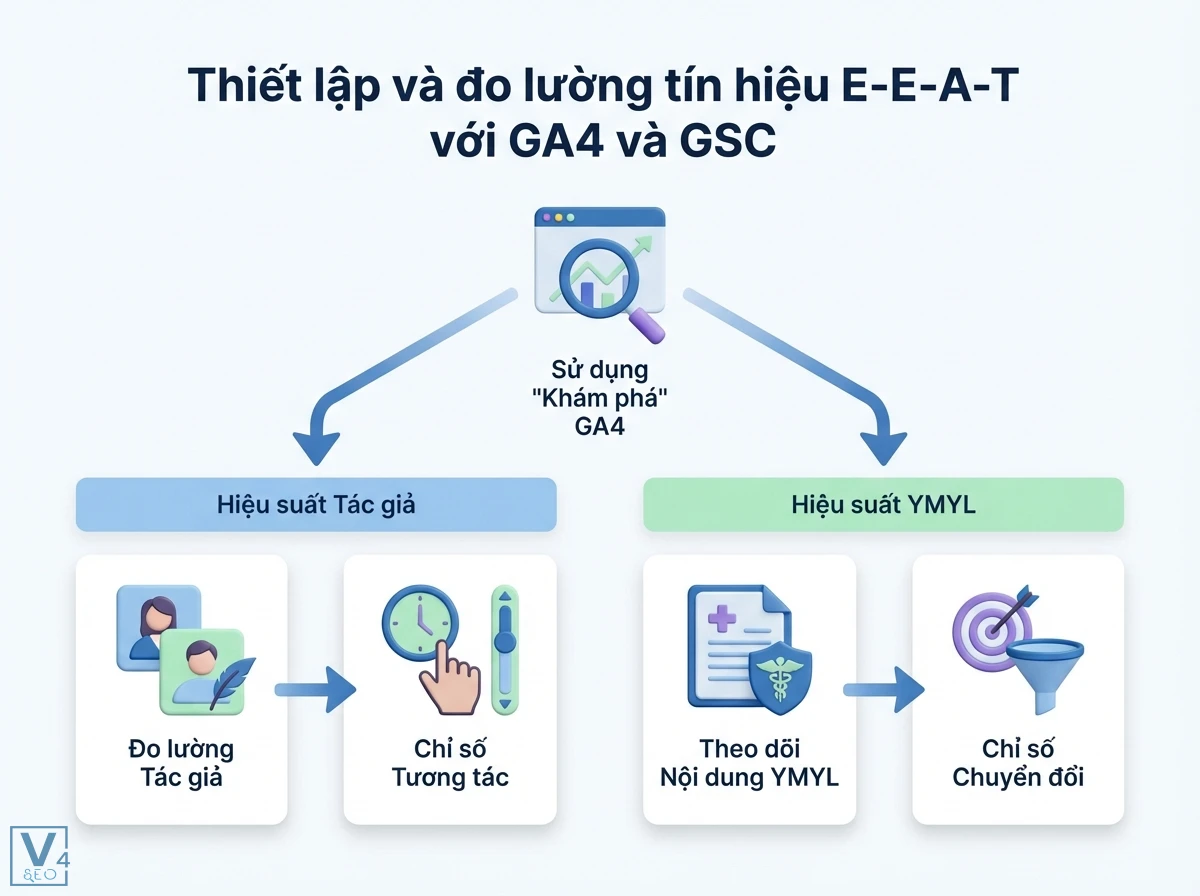 Tín hiệu E-E-A-T là gì? Triển khai & đo lường kỹ thuật với GA4, GSC 3 Sơ đồ luồng đo lường E-E-A-T từ GA4, với hai nhánh Hiệu suất Tác giả và YMYL, hiển thị chỉ số tương tác và chuyển đổi