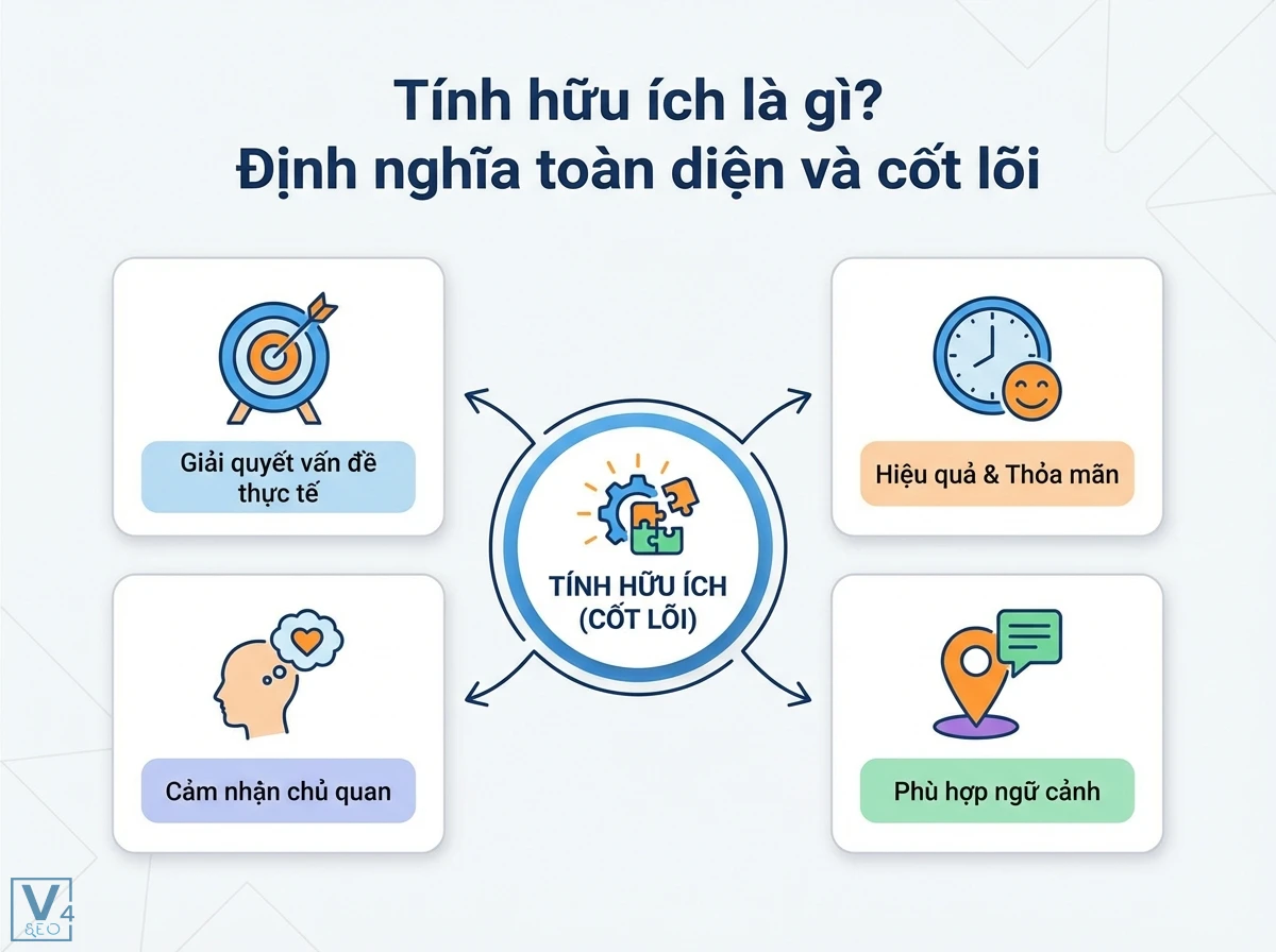 Sơ đồ 4 khối quanh một trung t&acirc;m định nghĩa t&iacute;nh hữu &iacute;ch, với c&aacute;c nh&atilde;n: Giải quyết vấn đề, Hiệu quả, Cảm nhận chủ quan, Ph&ugrave; hợp ngữ cảnh