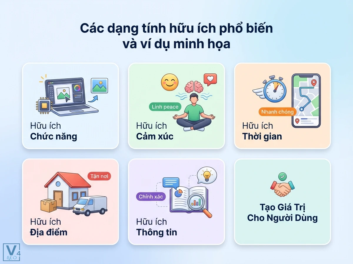 Bố cục s&aacute;u thẻ minh họa c&aacute;c dạng t&iacute;nh hữu &iacute;ch, với nhiều biểu tượng v&agrave; nh&atilde;n Chức năng, Cảm x&uacute;c, Thời gian