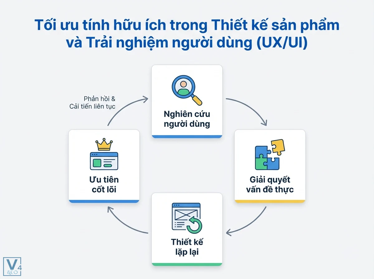 Sơ đồ chu tr&igrave;nh 4 bước tối ưu t&iacute;nh hữu &iacute;ch UX/UI, với c&aacute;c thẻ, biểu tượng, mũi t&ecirc;n v&agrave; phản hồi li&ecirc;n tục