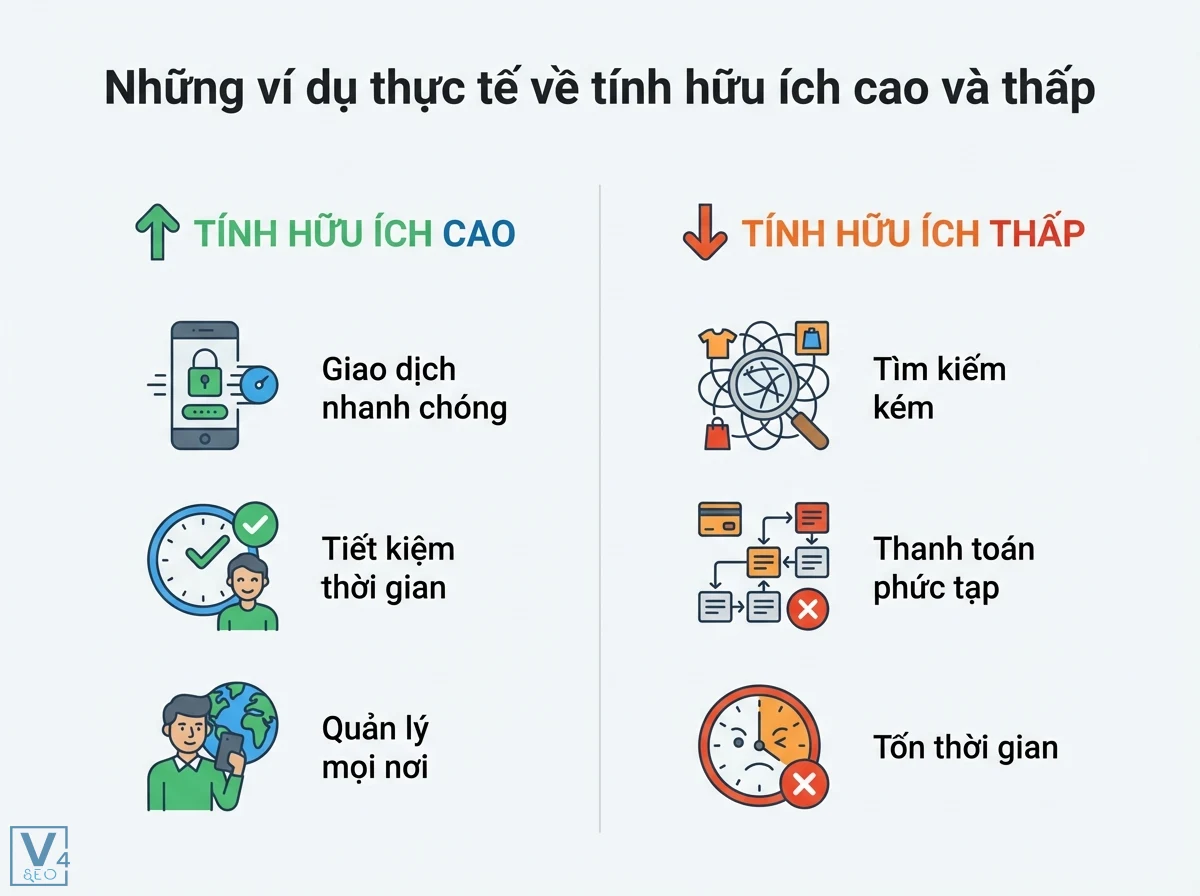 Bố cục hai cột so s&aacute;nh t&iacute;nh hữu &iacute;ch cao v&agrave; thấp, với mũi t&ecirc;n chỉ hướng, 6 biểu tượng v&agrave; c&aacute;c nh&atilde;n văn bản: Giao dịch nhanh ch&oacute;ng, Thanh to&aacute;n phức tạp, Tốn thời gian