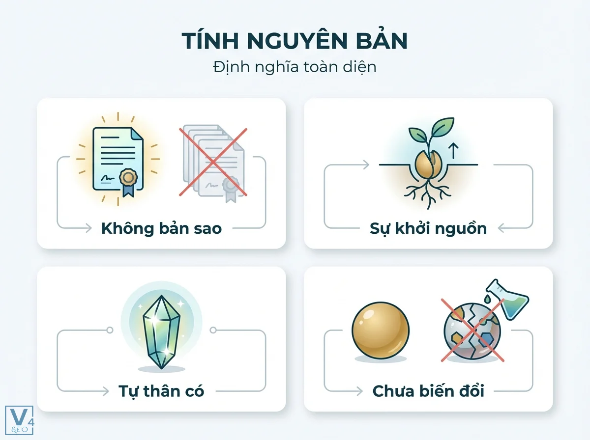 Tính nguyên bản là gì? Định nghĩa toàn diện & tối ưu cho SEO 1 Bố cục bốn khối nội dung minh họa Tính nguyên bản với các biểu tượng không bản sao, sự khởi nguồn, tự thân có và chưa biến đổi