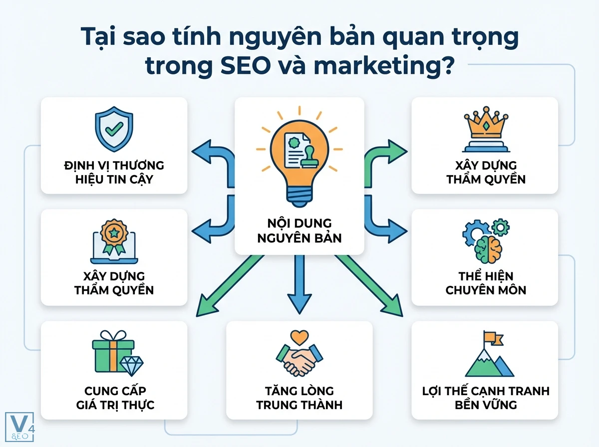 Tính nguyên bản là gì? Định nghĩa toàn diện & tối ưu cho SEO 2 Bố cục trung tâm Nội dung nguyên bản, mũi tên chỉ 7 thẻ lợi ích SEO và marketing