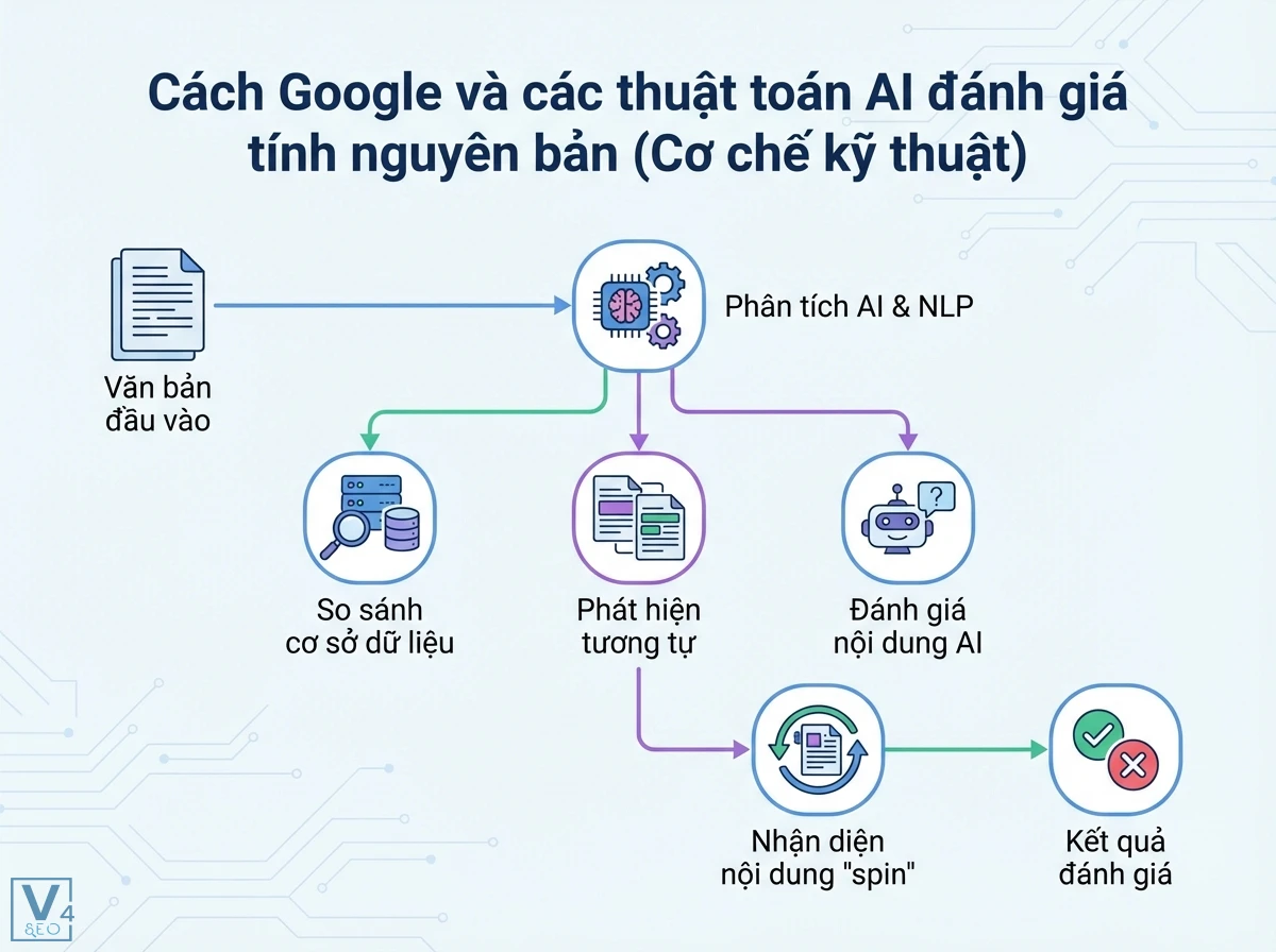 Tính nguyên bản là gì? Định nghĩa toàn diện & tối ưu cho SEO 3 Sơ đồ quy trình đánh giá tính nguyên bản từ văn bản đầu vào, phân tích AI & NLP, so sánh dữ liệu, đến kết quả