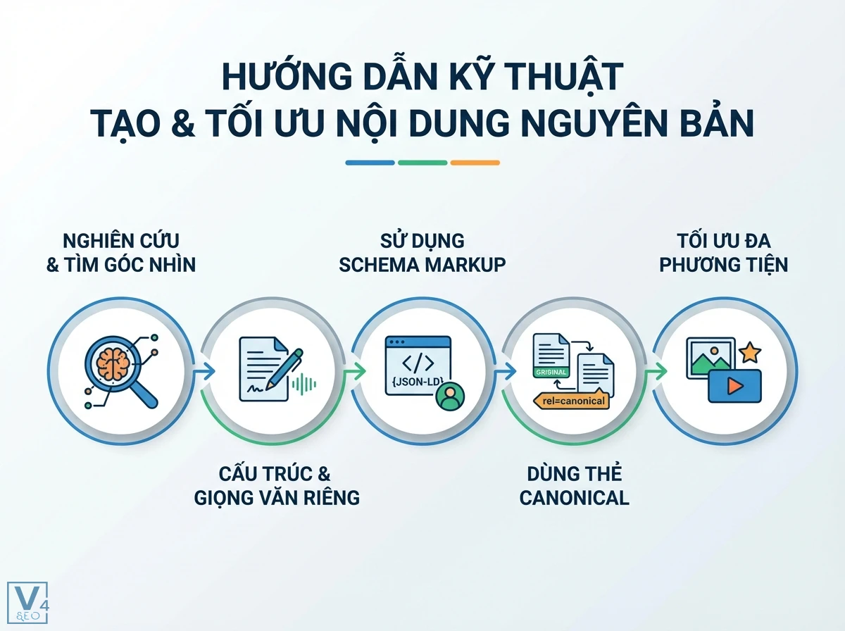 Tính nguyên bản là gì? Định nghĩa toàn diện & tối ưu cho SEO 4 Bố cục 5 bước hướng dẫn tối ưu nội dung nguyên bản, với các biểu tượng nghiên cứu, schema markup, canonical, đa phương tiện
