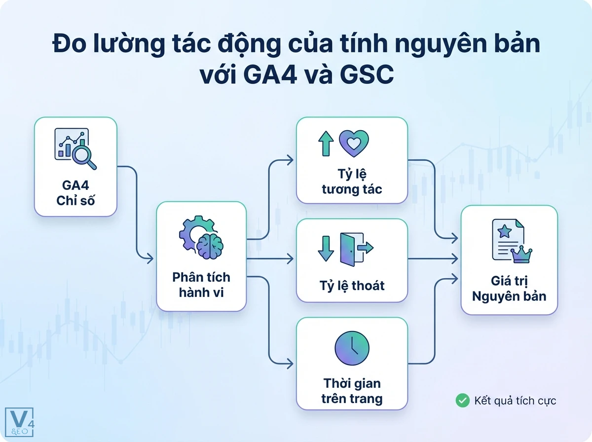 Tính nguyên bản là gì? Định nghĩa toàn diện & tối ưu cho SEO 5 Bố cục các khối, mũi tên đo lường tính nguyên bản qua chỉ số GA4, phân tích hành vi, tỷ lệ tương tác, tỷ lệ thoát