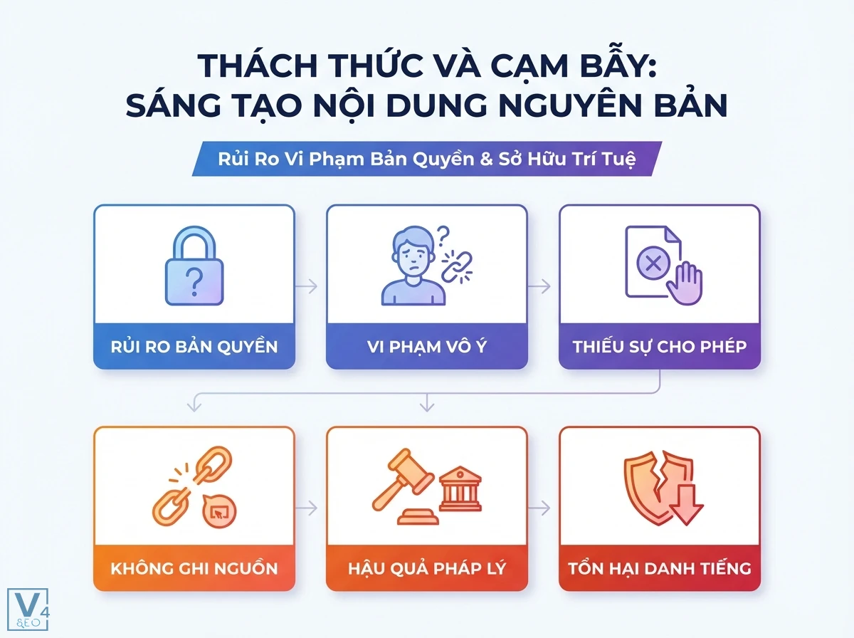 Tính nguyên bản là gì? Định nghĩa toàn diện & tối ưu cho SEO 7 6 khối thẻ nối mũi tên chỉ rủi ro vi phạm bản quyền và hậu quả pháp lý, gồm biểu tượng ổ khóa, búa công lý, Tổn hại danh tiếng
