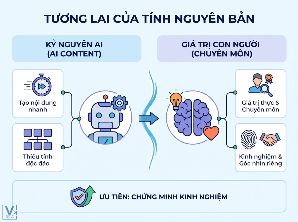Tính nguyên bản là gì? Định nghĩa toàn diện & tối ưu cho SEO 8 Bố cục hai cột tính nguyên bản, đối chiếu AI (robot) và con người (não), ưu tiên chuyên môn, kinh nghiệm
