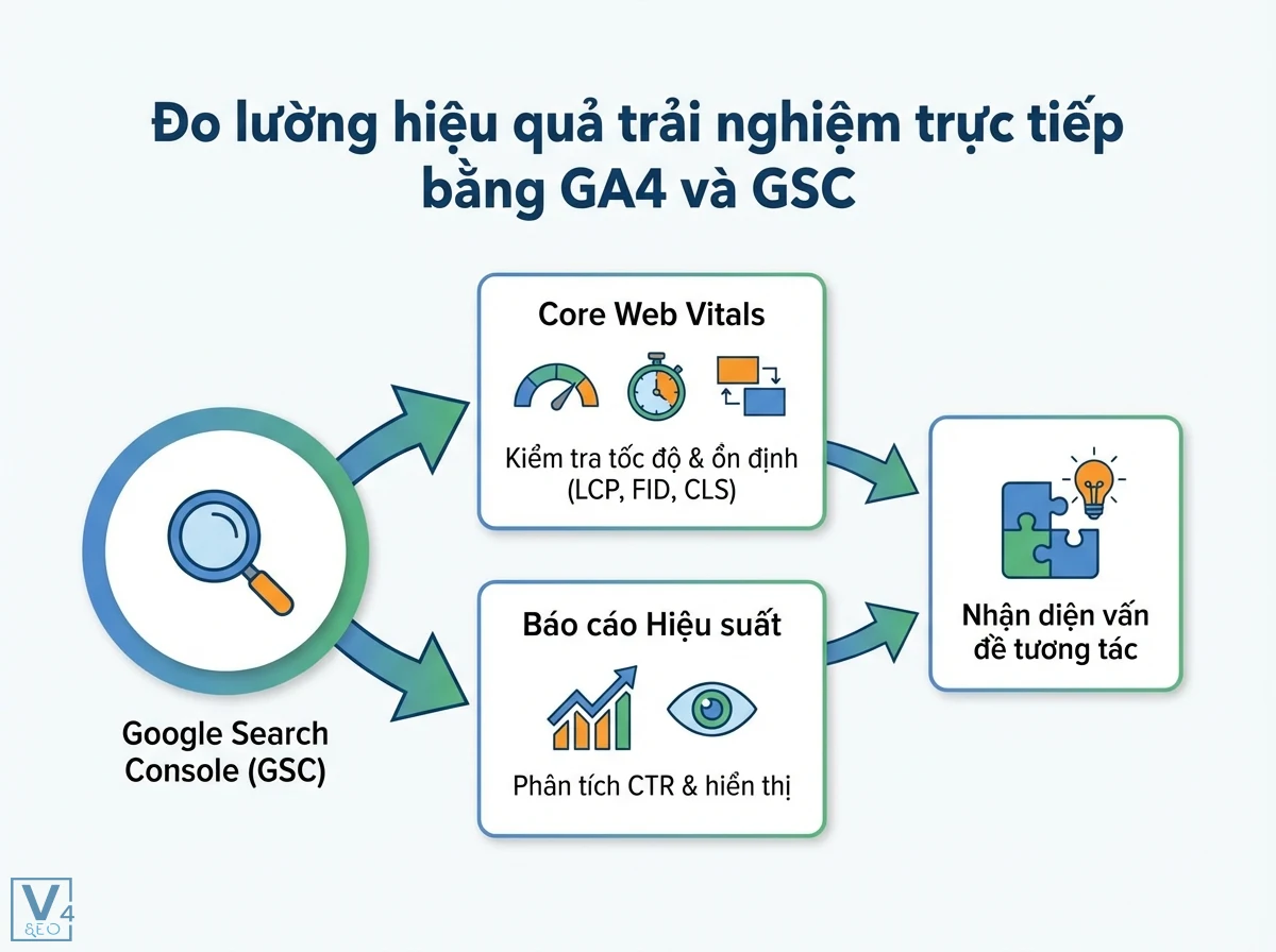 Sơ đồ quy tr&igrave;nh đo lường trải nghiệm trực tiếp bằng GSC, ph&acirc;n t&iacute;ch Core Web Vitals v&agrave; B&aacute;o c&aacute;o Hiệu suất để nhận diện vấn đề tương t&aacute;c