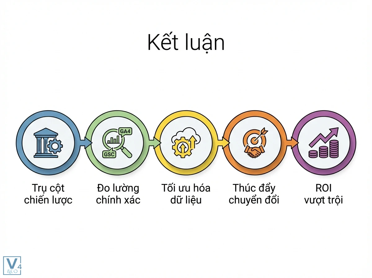 Chuỗi 5 khối nội dung h&igrave;nh tr&ograve;n m&ocirc; tả quy tr&igrave;nh đạt ROI vượt trội, gồm Trụ cột chiến lược, Đo lường ch&iacute;nh x&aacute;c, Tối ưu h&oacute;a dữ liệu v&agrave; Th&uacute;c đẩy chuyển đổi