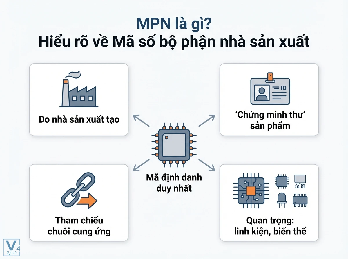 Biểu đồ giải th&iacute;ch MPN, gồm vi mạch v&agrave; 4 thẻ với biểu tượng: nh&agrave; m&aacute;y, ID, chuỗi cung ứng, linh kiện điện tử