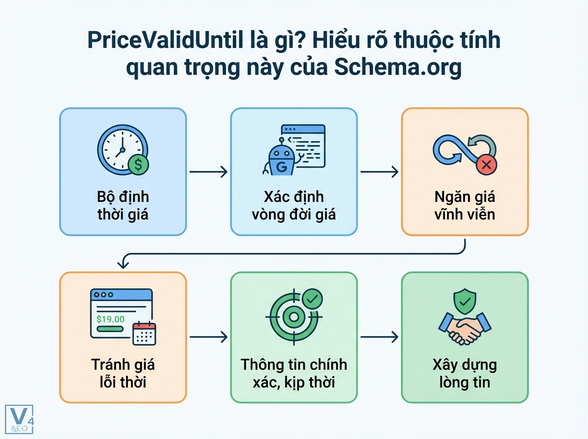 Bố cục 6 khối theo quy tr&igrave;nh minh họa PriceValidUntil, với c&aacute;c biểu tượng đồng hồ, robot, mũi t&ecirc;n v&agrave; kết quả 'X&acirc;y dựng l&ograve;ng tin'